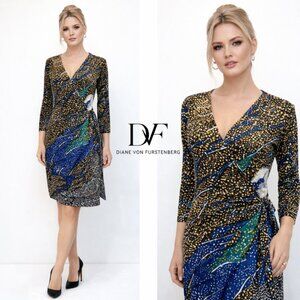 Diane Von Furstenberg Black Gold Wrap Dress Stretch Size 2 long sleeve